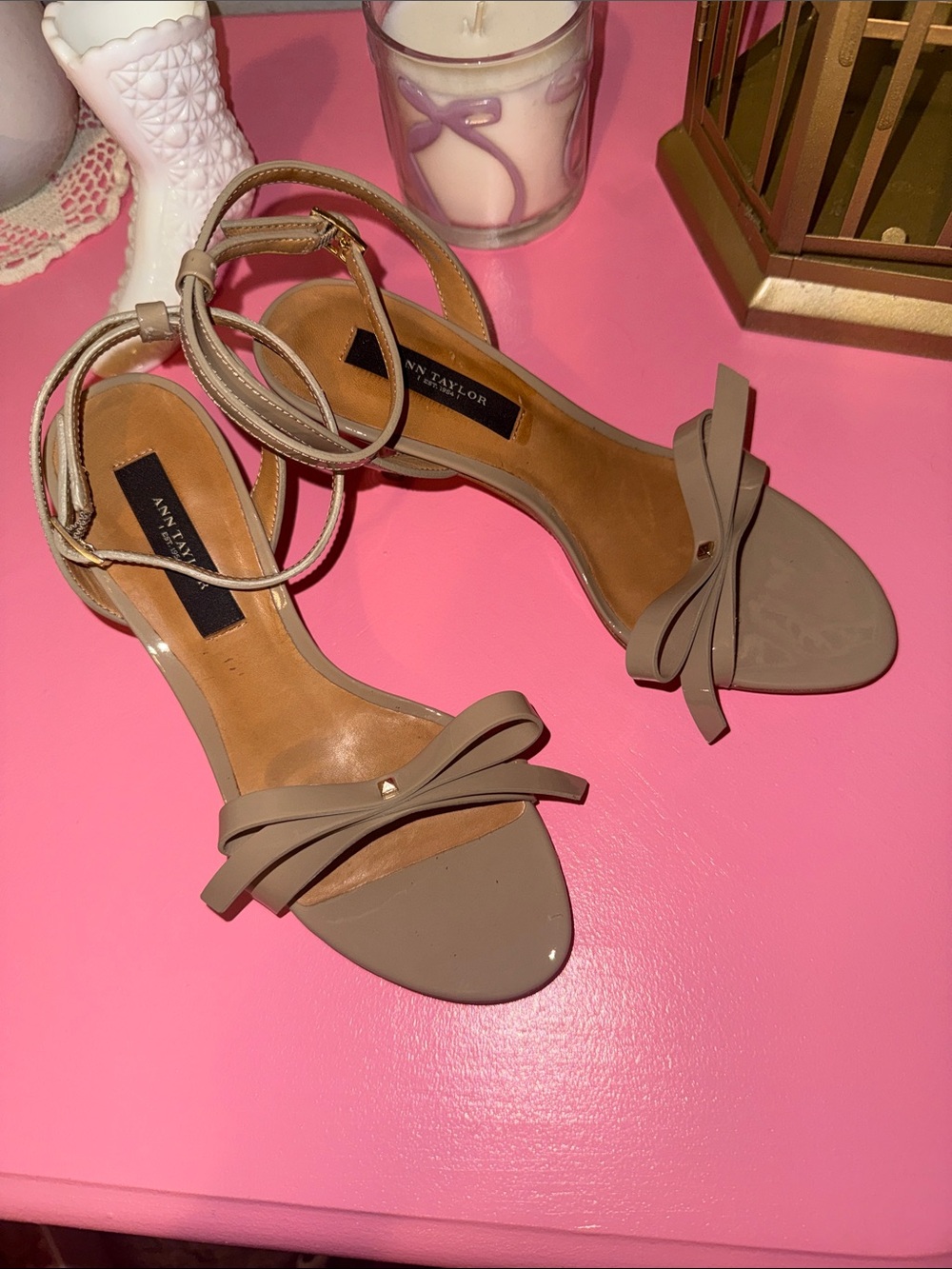 Ann Taylor Taupe Bow Ankle-Strap Heels